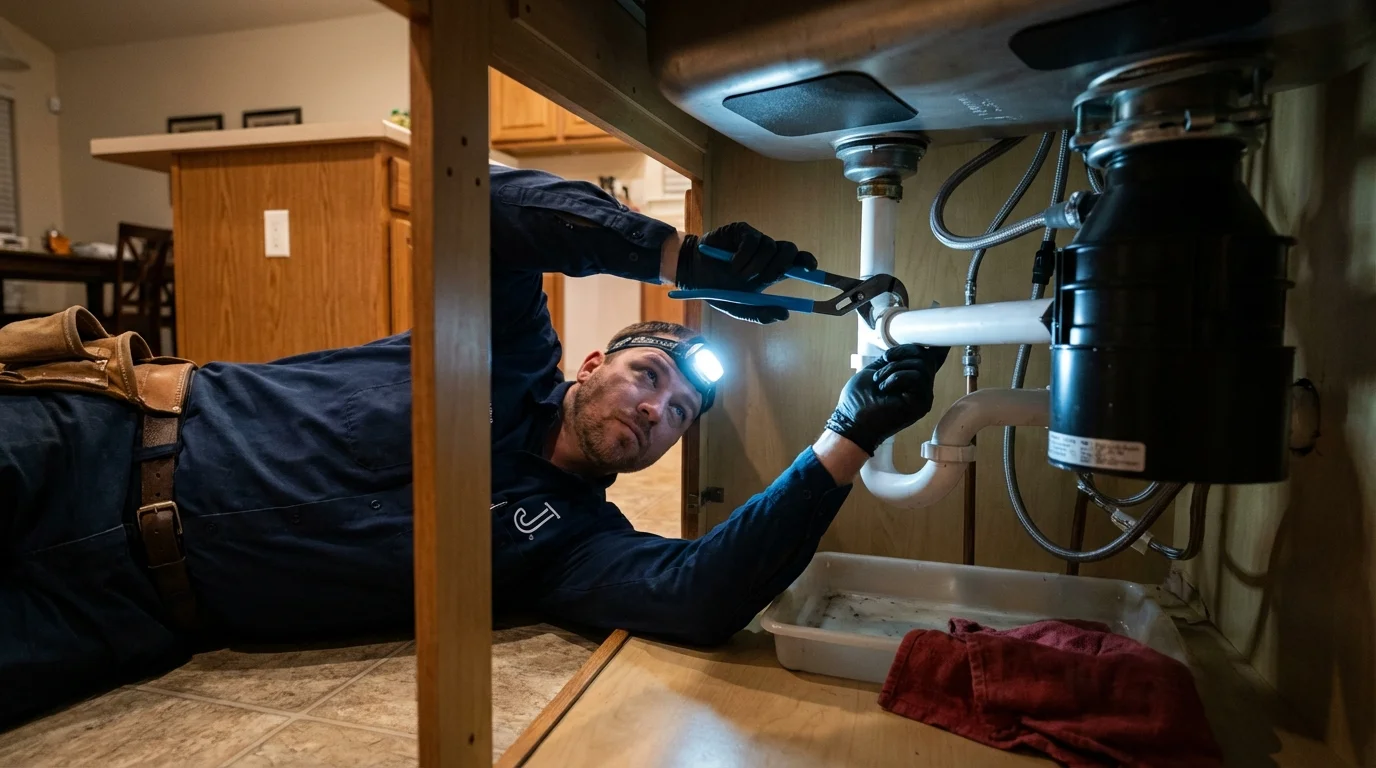 P-trap and supply line connections under a kitchen sink showing a common leak point in Granite Falls, MN